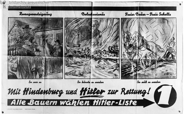Mit Hindenburg und Hitler zur Rettung der Bauern: NS-Wahlplakat zur Reichstagswahl (5. März 1933)
